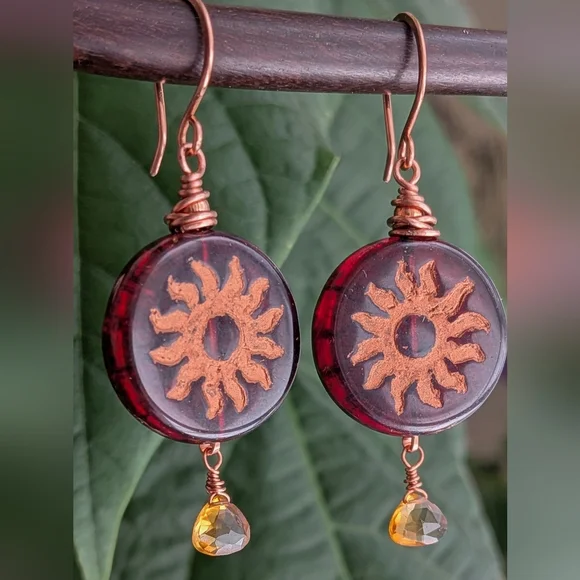 Celestial Sun Earrings Artisan Crafted Copper Wrap Congnac Citrine Drops - Picture 13 of 16